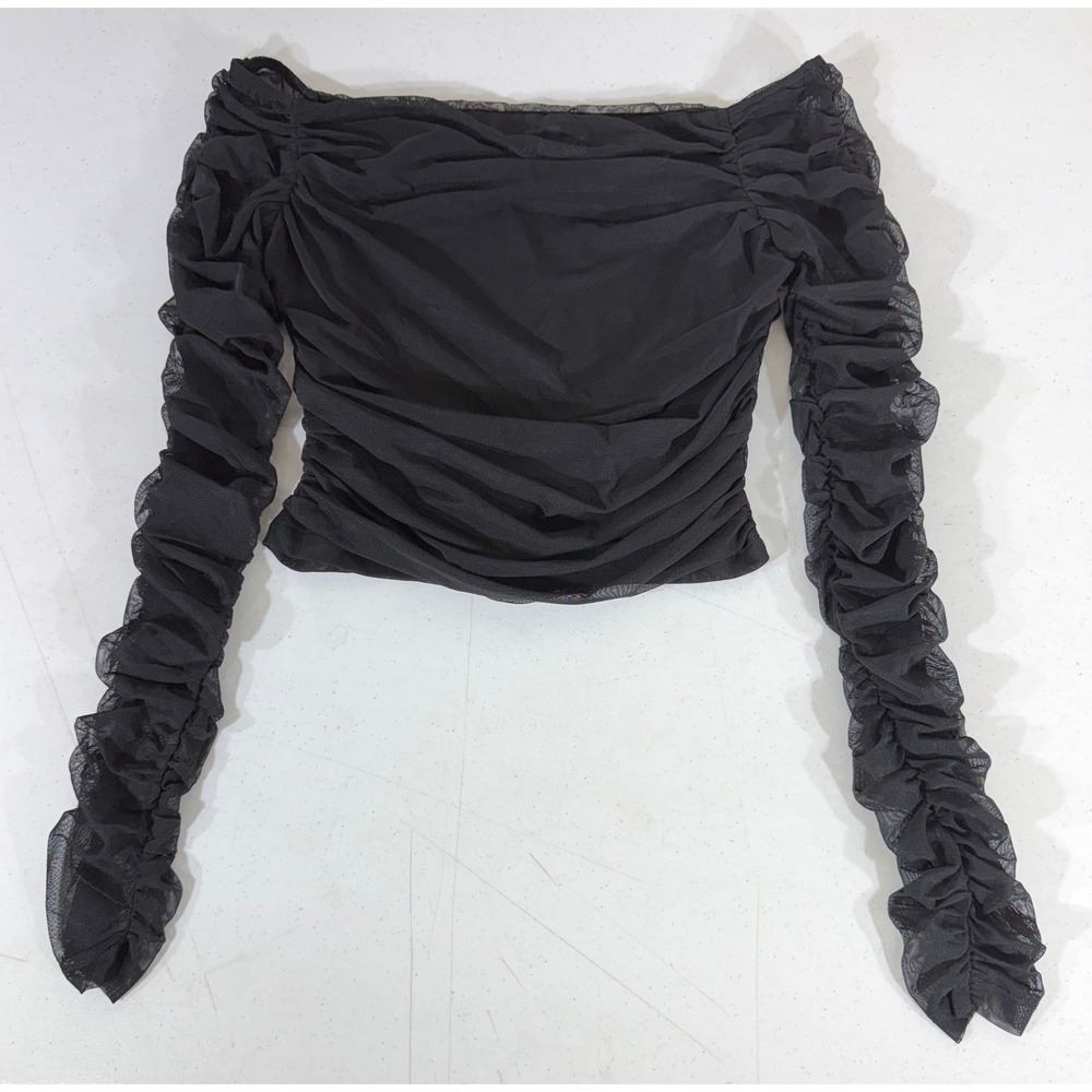 Princess Polly Ruched Mesh Top 4 Black Off-Shoulder Long Sleeve Cropped